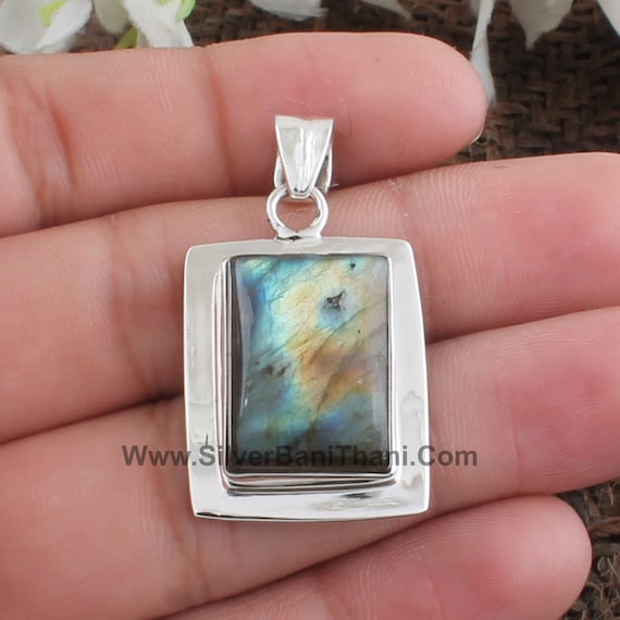 925 Sterling Silver Natural Labradorite Necklace Rectangle Shape