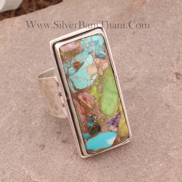 Mix Spiny Copper Turquoise Rectangle Shape Gemstone Silver Ring | 925 Sterling Solid Silver Ring | Handmade Wedding Jewelry For Women Gift