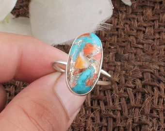 Oyster Copper Turquoise Oval Shape Gemstone Silver Ring | 925 Sterling Solid Silver Ring | Handmade Boho Everyday Jewelry For Women Gift2022