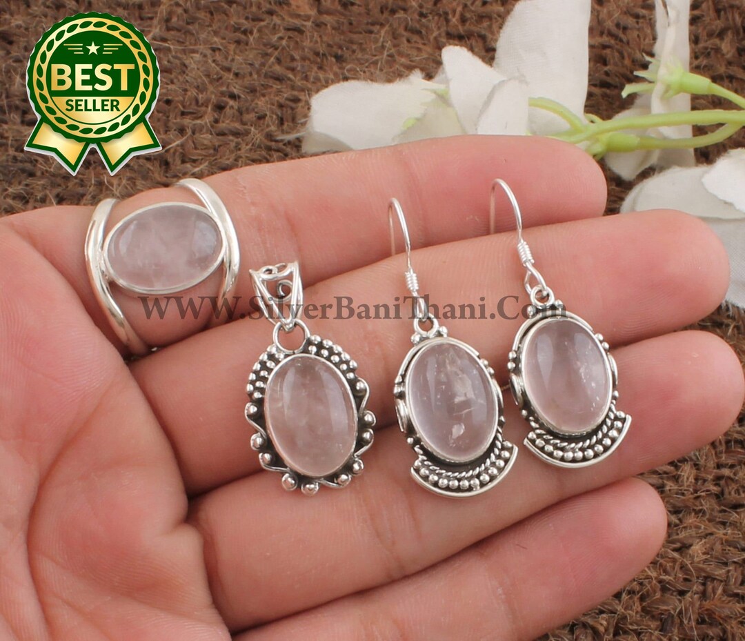 Rose Quartz Gemstone Silver Jewelry Set 925 Sterling Silver Etsy