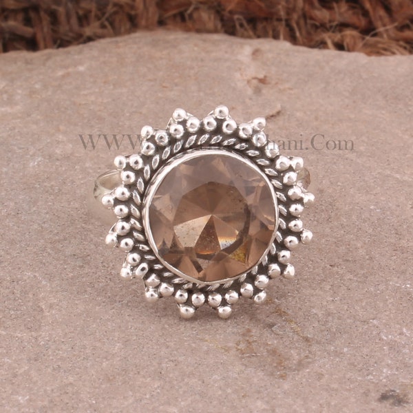 Smoky Quartz Round Shape Gemstone Ring Designer Handmade Silver Ring Wedding Jewelry 925 Sterling Silver Cut Stone Ring Silverbanithani
