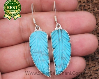 Carving Turquoise Long Fancy Stone Solid 925 Sterling Silver Earring For Women | Handmade Feather Leaf Solid Silver Earring For Anniversary