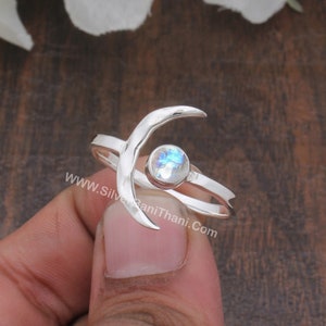 925 Crescent Moon Rainbow Moonstone Gemstone Ring Moonstone Solid 925 Sterling Silver Ring For Women Handmade Solid Silver Band Ring Wedding image 1