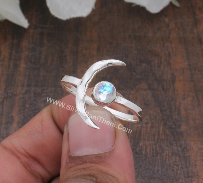 925 Crescent Moon Rainbow Moonstone Gemstone Ring Moonstone Solid 925 Sterling Silver Ring For Women Handmade Solid Silver Band Ring Wedding image 1