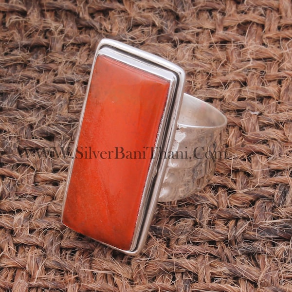 Orange Jade Long Bar Gemstone Solid 925 Sterling Silver Ring For Women, Handmade Rectangle Textured Hammered Band Ring Gift For Her Birthday