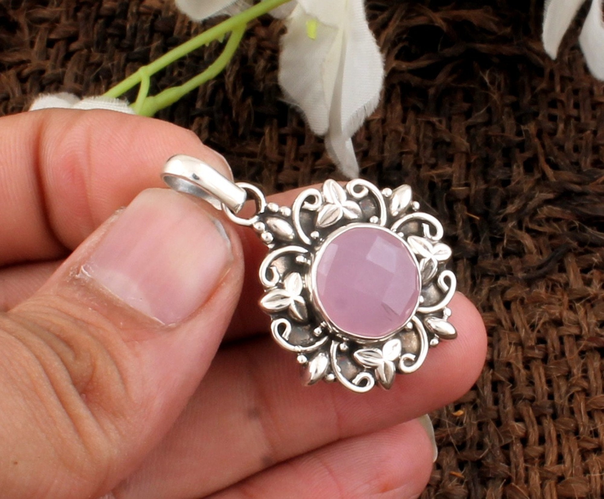 Pink Chalcedony Necklace 925 Sterling Silver Necklace Round - Etsy