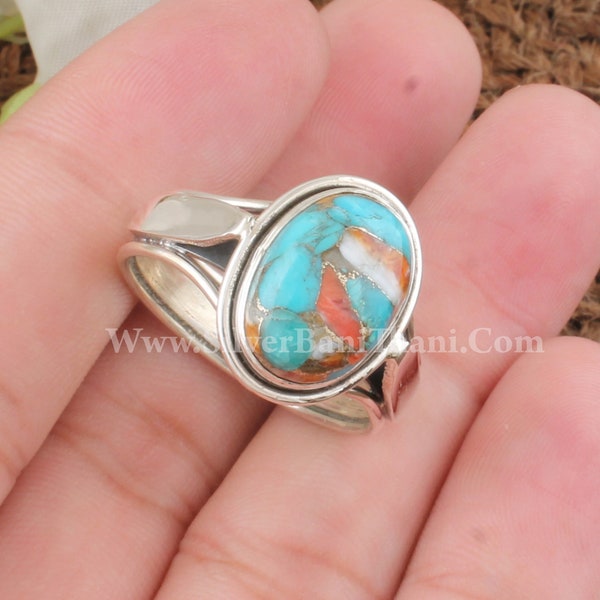 Designer Oyster Copper Turquoise Gemstone Silver Ring | 925 Sterling Silver Smooth Oval Gemstone Ring | Handmade Women Silver Jewelry Gift