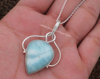 Larimar Solid 925 Sterling Silver Pendant Necklace For Women, Handmade Pear Gemstone Designer Silver Wire Pendant Gifts For Her Birthday