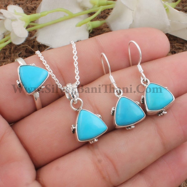 Turquoise Triangle Shape Gemstone Silver Jewelry Set | 925 Sterling Silver Jewelry For Women | Handmade Bridal Wedding Jewelry | Gift Idea