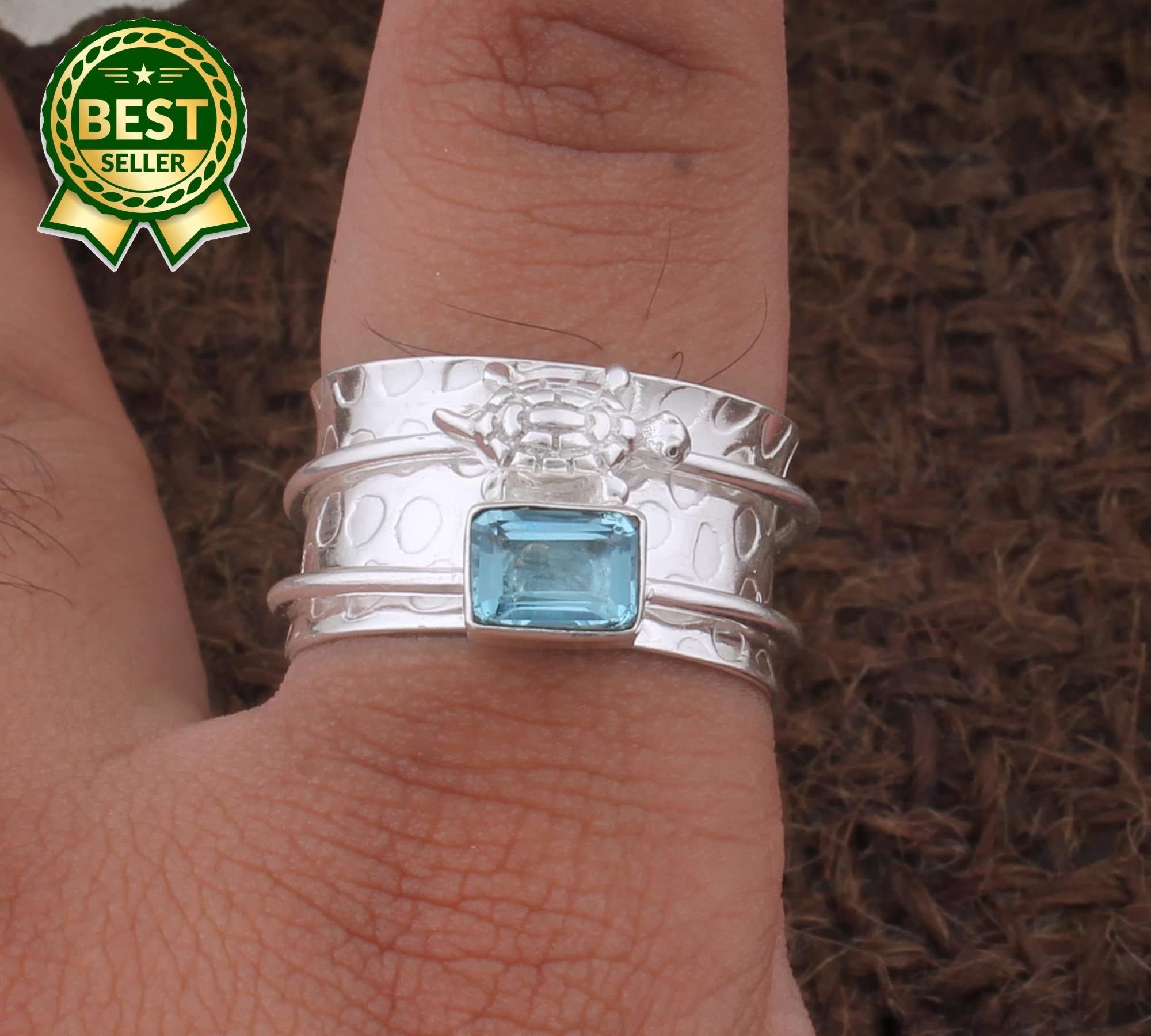 Natural Blue Topaz Gemstone Silver Spinner Ring 925 Sterling 