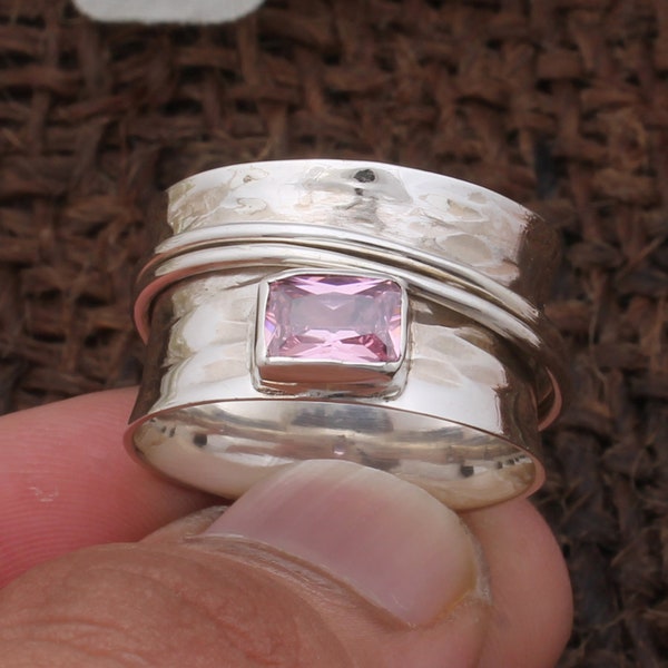 Bague spinner martelée en argent avec quartz rose à quartz rose | Bagues tournantes en argent sterling 925 facettées | Bague en argent faite main pour 2023