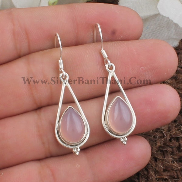 Boucles d’oreilles en argent de pierres précieuses de Quartz Rose naturel | 925 boucles d’oreilles en argent massif | Designer fait à la main pierres précieuses boucles d’oreilles | Cadeau de bijoux pour femmes