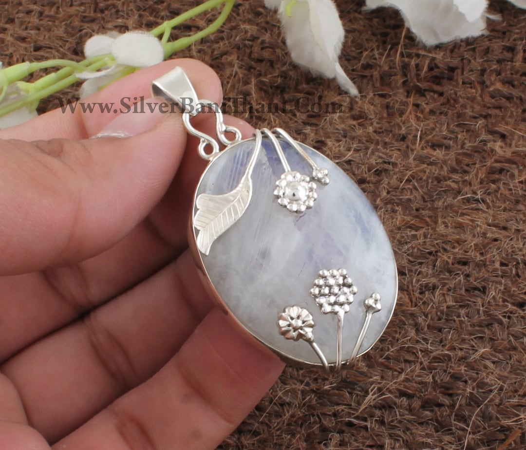 Sterling Silver Butterfly Moon Phases Pendant Necklace With Natural Rainbow Moonstone
