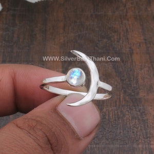 925 Crescent Moon Rainbow Moonstone Gemstone Ring Moonstone Solid 925 Sterling Silver Ring For Women Handmade Solid Silver Band Ring Wedding image 2