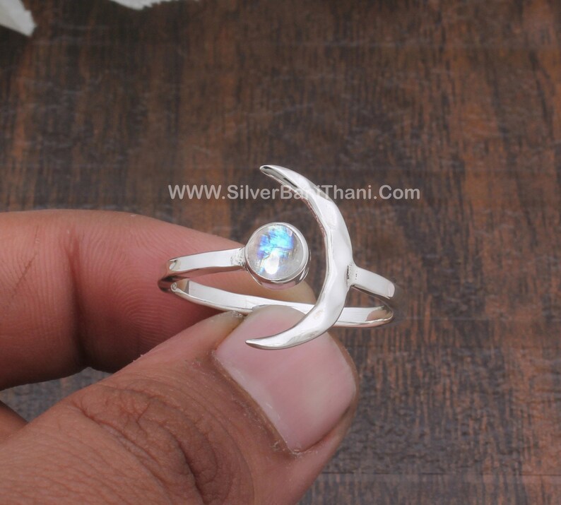 925 Crescent Moon Rainbow Moonstone Gemstone Ring Moonstone Solid 925 Sterling Silver Ring For Women Handmade Solid Silver Band Ring Wedding image 2