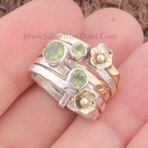 Peridot Silver Spinner Ring 925 Sterling Zilver & Messing Peridot Spinner Ring Handgemaakte Flower Band Ring Getextureerde Band Ring Boho Duimringen afbeelding 2