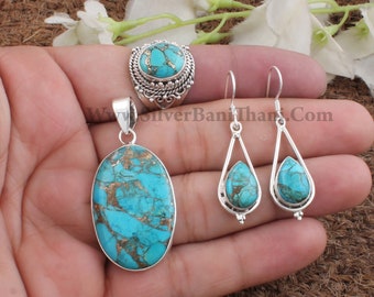 Copper Turquoise Gemstone Silver Jewelry Set | 925 Sterling Silver Jewelry Set | Handmade Boho Jewelry | Bridal Wedding Jewelry | Gift Idea