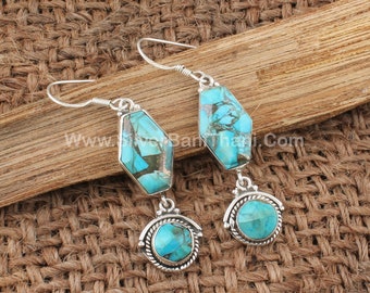 Blue Copper Turquoise Silver Earrings | Handmade Women Wedding Earrings | 925 Sterling Solid Silver Smooth Gemstone Earrings For Women Gift