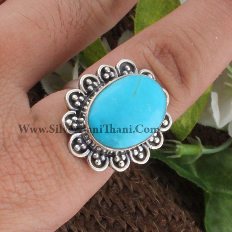 925 Sterling Solid Silver Ring,Oval Cabochon Ring,Middle Finger Ring,Sleeping Beauty Turquoise Gemstone Ring Gift Item Statement Ring