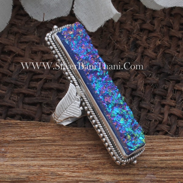 925 Titanium Druzy Rectangle Gemstone Silver Ring | 925 Sterling Silver Druzy Ring | Handmade Solid Silver Carver Leaves Ring Wedding Gift