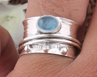 Aquamarin Edelstein Ring Silber Band Ring 925 Sterling Silber Ring Spinner Ring Meditation Spinning Breitband Ring Angst Ring Fidget Ring