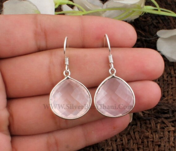 Faceted Rose Quartz Silver Earrings 925 Sterling Solid Silver