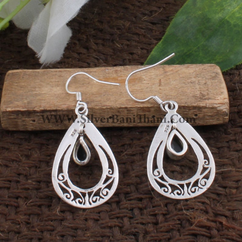 Black Onyx Earring-Handmade Earring 925 Sterling Solid Silver Earring-Black Onyx Semi Precious Stone Earring-Teardrop Banithani Earring