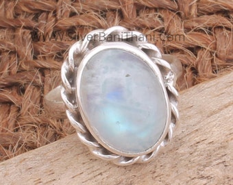 Rainbow Moonstone Oval Shape Gemstone Silver Ring | 925 Sterling Solid Boho Carved Silver Ring | Handmade Jewelry |Valentine's Day Ring Gift