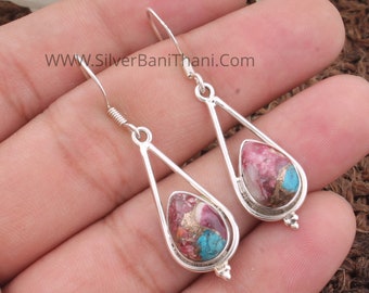 Mix Spiny Copper Turquoise Silver Earrings | 925 Sterling Solid Silver Earrings | Pear Gemstone Earrings | Handmade Women Earring Gift Idea