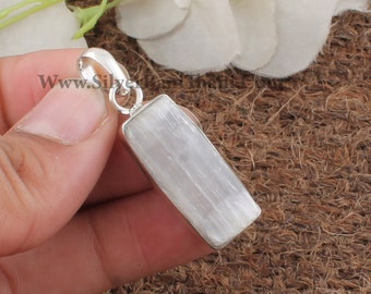 925 Sterling Silver  Selenite Bar Shape Stone Necklace Pendant | Designer Handmade Pendant | Present For Her | Wedding Jewelry Gift.Etsy