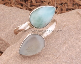 Larimar & Moonstone Solid 925 Sterling Silver Pear Gemstones Ring | Handmade Adjustable Silver Ring | Larimar Ring | Women Gift RingEtsy