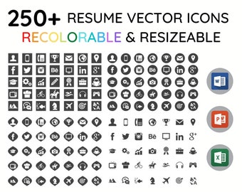 CONJUNTO DE ICONOS DE CV / Más de 250 iconos recoloreables para Word, Powerpoint y Excel / Iconos vectoriales para negocios, contacto, redes sociales, personal, proyecto