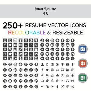 RESUME ICONS SET 250 Recolorable Icons for Word, Powerpoint and Excel Vector Icons for Business, Contact, Social Media, Personal, Project image 1