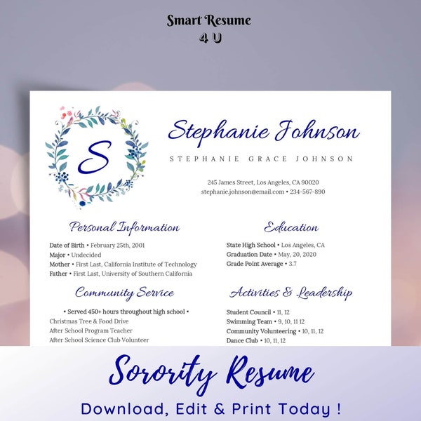 Editable Sorority Resume Template Word Instant Download, Social Resume Template for Sorority Recruitment Fraternity Rush, Easy to Customize