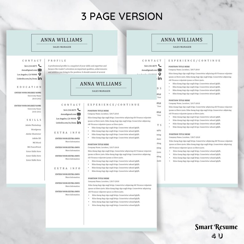 Mint resume template for word 123 page resume with cover etsy canada