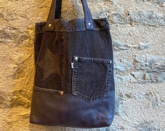 Tote bag, sac cabas fait main upcyclé jean velours Levi's et suédine gris, idée cadeau