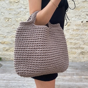 100% handmade crochet tote bag made from recycled macrame yarn in taupe, Scandinavian style, gift idea