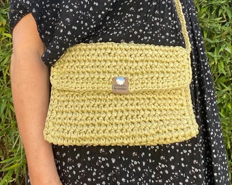 Shoulder bag in crochet raffia, vegan and biodegradable wood fiber, wedding, chic, ANISE PISTACHIO GREEN, 100% handmade