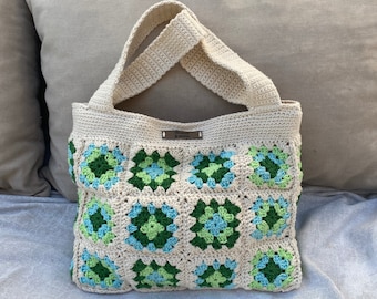 Sac cabas crochet carrés granny, fait main, carrés grand-mère, vert, turquoise et beige, hippie, bohème