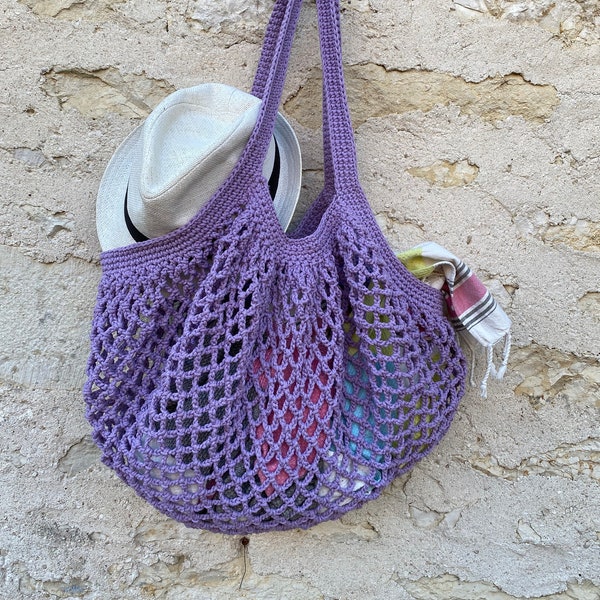 Sac filet corde fait main en crochet, sac de plage, sac de courses, zéro déchet, écoresponsable