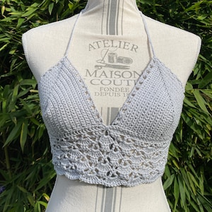 100% handmade crochet crop top, oeko-tex cotton, light gray and silver thread, size XS, S, gift idea