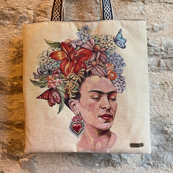 Grand sac tote bag double face Frida Kahlo en tissu jacquard et lin, idée cadeau