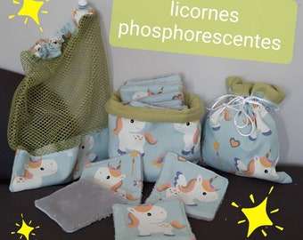 Set de nacimiento de 12 toallitas lavables "unicornios fosforescentes", cesta, bolsita y red de lavado, hecho a mano