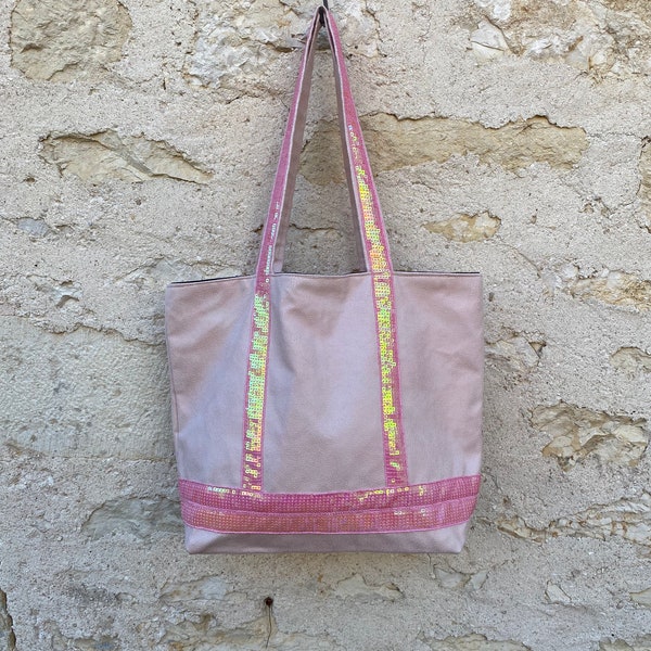 Sac cabas suédine rose poudré et paillettes style Vanessa Bruno fait main, cadeau St Valentin