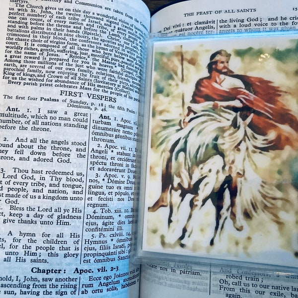 Book of the Apocalypse, Lord of lord and King of kings returns on white horse holy card.