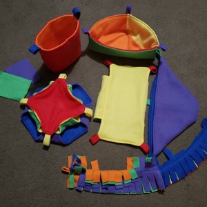 6 Piece Cage set for sugar glider, ferret, rat, hedgehog. Blizzard fleece Rainbow solid