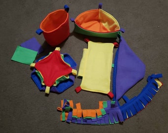 6 Piece Cage set for sugar glider, ferret, rat, hedgehog. Blizzard fleece Rainbow solid