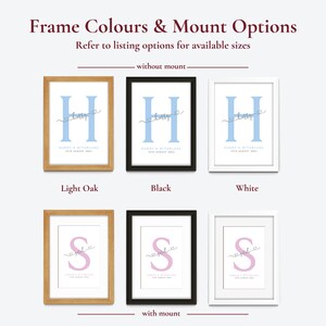 An infographic explaining the frame size, colours and mount options. The frame colours are Light Oak, Black or White.