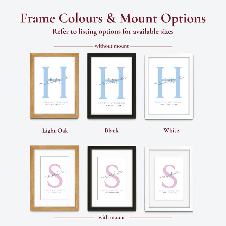 An infographic explaining the frame size, colours and mount options. The frame colours are Light Oak, Black or White.