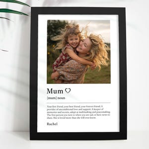 A colour photo with a description of 'Mum' and customisable name below, presented in a black frame.